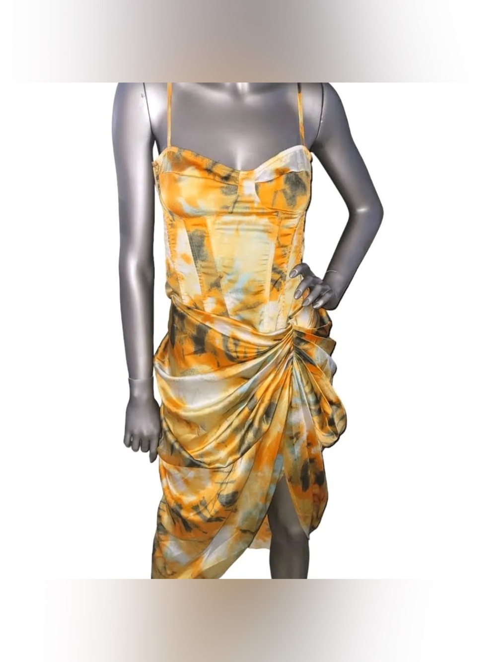 Pretty Little Thing Women's Orange Tie-Dye Satin Bustier Cami Top/Skirt Set
